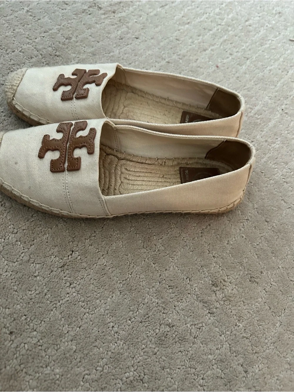 Tory Burch Cream Canvas Espadrilles with Brown Logo Emblem